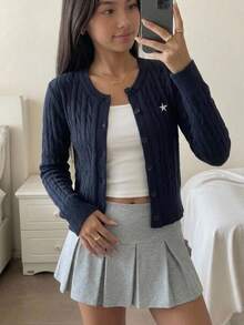 青少年女孩海軍藍針織星星開襟衫，冬季返校畢業季短版毛衣，圓領長袖鈕扣開襟休閒寬鬆秋季上衣 - 寶藍色 - 查看 1