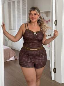 Slumberry CURVE Plus Size Women's Sweet & Sexy Polka Dot Print Ribbed Knit Camisole & Lace Patchwork Shorts Pajama Set - Brown - View 6