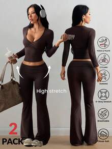Coolane Setelan Wanita Musim Gugur untuk Beraktivitas di Luar Ruangan, Bahan Elastis, untuk Gym dan Yoga, Terdiri dari Kaos Lengan Pendek dan Celana Legging, 2 Potong/Dua Potong - Coklat - View 1