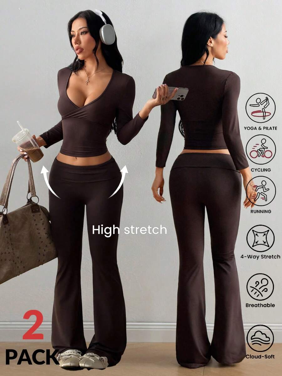 Coolane Setelan Wanita Musim Gugur untuk Beraktivitas di Luar Ruangan, Bahan Elastis, untuk Gym dan Yoga, Terdiri dari Kaos Lengan Pendek dan Celana Legging, 2 Potong/Dua Potong - Coklat - View 1
