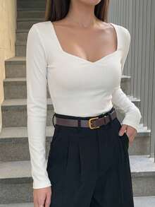 DAZY 女款純色休閒百搭日常長袖T恤 秋季 - 白色 - 查看 6
