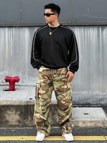 DAZY Spring/Autumn Black Crew Neck Pullover Sweatshirt With Cuffed Hem And Cuffs, Contrast Drawstring Detail For Men - Black - View 3