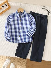 SHEIN Young Boys Preppy Style Classic Plaid Long Sleeve Shirt/Pants Set - Multicolor - View 1