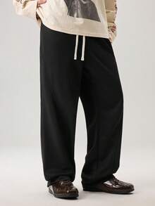 Vaulklash Men Solid Drawstring Waist Slant Pocket Sweatpants - Black - View 4