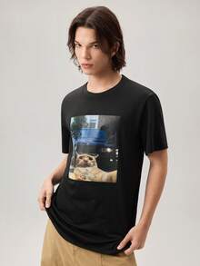Vaulklash Funny Selfie Cat & BMW M5 E39 Crewneck Short Sleeve T-Shirt For Men - Black - View 6