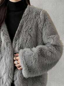 FRIFUL Women's Autumn Grey Short Versatile Faux Fur Jacket - Grey - View 1