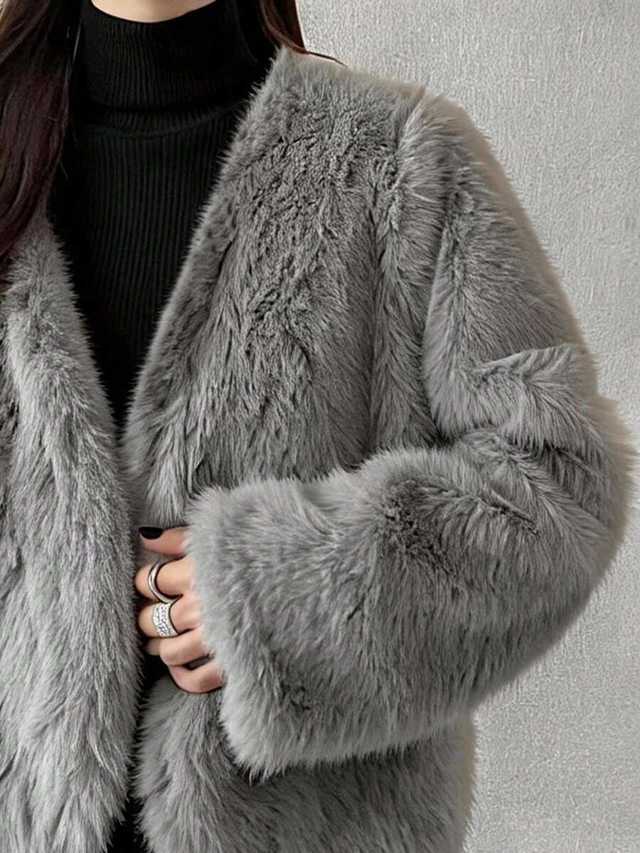 FRIFUL Women's Autumn Grey Short Versatile Faux Fur Jacket - Grey - View 1