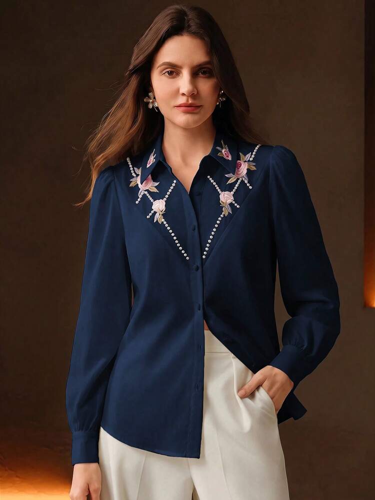Anewsta Navy Blue Floral Rose Embroidered Beaded Long Sleeve Blouse For Women, Suitable For Commute, Date, Party And Daily Wear, Autumn/Winter - Blue - View 7