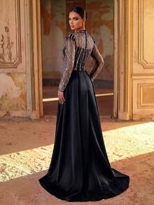 Aureia Elegant Formal Queen Luxurious Beaded Bubble Embroidery Sequin Patchwork Satin Sheer Sleeve Mermaid Skirt Conservative Wedding Party Evening Black - Black - View 2