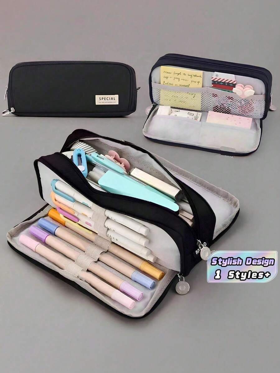 Large Capacity Double Layer Pencil Case Black Stationery Bag For School Office Desktop Organizer Back To School Gift