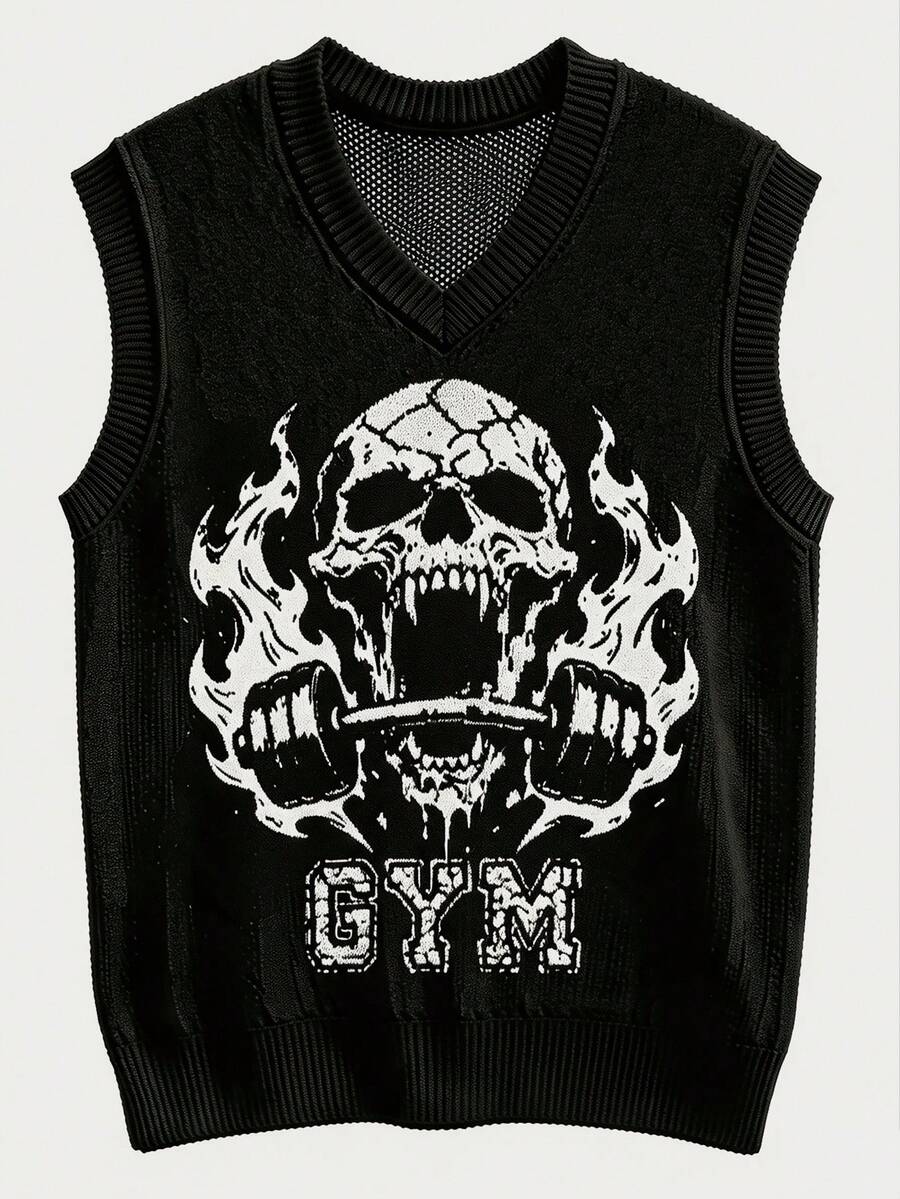 Chillumni Men's Dark Style Jacquard Colorblock Hip Hop Knit Vest - Black - View 1