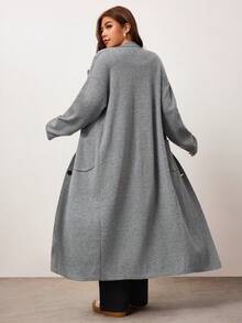 Enliva Plus Size Women Solid Color Lapel NeckLong Sleeve Long Loose Knit Cardigan Winter - Grey - View 2
