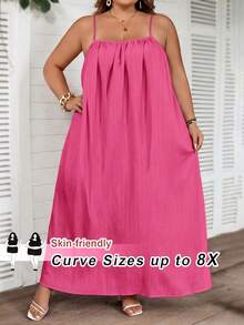SHEIN CURVE+ Curve 大尺碼秋冬純色百褶細節休閒細肩帶洋裝，適合生日派對、畢業典禮、學生穿著、休閒日常、度假 - 玫紅色 - 查看 3