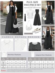 Mawevolt Sleeveless Tank Top Wide Leg Jumpsuit + White Puff Sleeve Blouse 2-Piece Set, Preppy Commuter Outfit, Plus Size Women's Set - Black and White - View 6