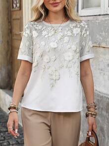 SHEIN LUNE Women's Spring/Summer Casual Elegant Faux Print White Loose Fit Versatile Shirt For Daily Wear Morning Cocktail, Commuting, Home And Travel - 彩色 - 查看 3