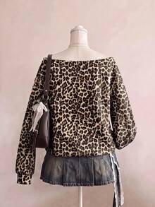 SHEIN EZwear 經典豹紋不對稱領女款運動衫，棕色調，秋季休閒街頭風，適合多種場合，Y2K復古風，返校季秋冬上衣 - 彩色 - 查看 2