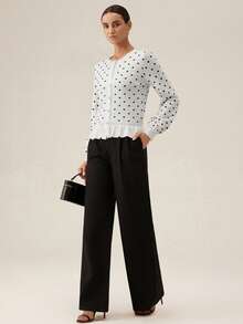 SHEIN Orluneo Cardigan Rajut Ruffle Lengan Panjang Bermotif Polkadot untuk Wanita - MultiWarna - View 7