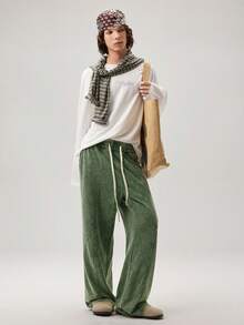 Vaulklash Men's Solid Color Elastic Waist Drawstring Casual Green Retro Sweatpants, Fashion & Versatile Cotton - Green - View 2