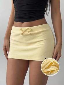 SHEIN Teen Girl Teen Girls Knitted Solid Color Drawstring Casual Fitted Mini Skirt, Versatile For Outings - Yellow - View 3