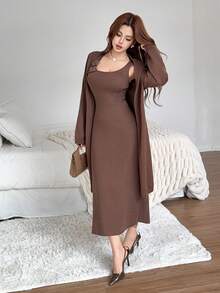 Feyla New Slouchy Long Cardigan Sweater & Floral Tank Top 2 Pieces Set, Autumn/Winter - Brown - View 4