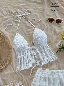 Soleia White Summer Textured Backless Tank Top For Women,Adjustable Straps Chiffon Lace Off The Shoulder Western Top No Chest Padding - White - View 1