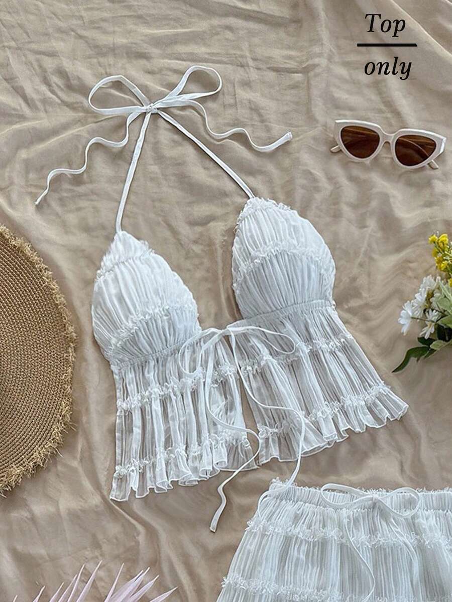 Soleia White Summer Textured Backless Tank Top For Women,Adjustable Straps Chiffon Lace Off The Shoulder Western Top No Chest Padding - White - View 1