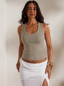 Opulessa Spring/Summer Vacation Solid Color Knit Fitted Women's Tank Top - Khaki - View 5