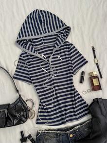 Attitoon Women's Striped Button Half-Placket Short Sleeve Casual Hooded T-Shirt - Grey - View 5