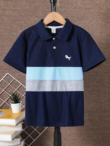 SHEIN Vacaura 男童条纹短袖休闲Polo衫 - 寶藍色 - 查看 3