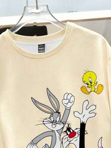 LOONEY TUNES X SHEIN Daypath 男士卡通印花圓領短袖休閒街頭風T恤 米色 夏季度假款 - 杏色 - 查看 3