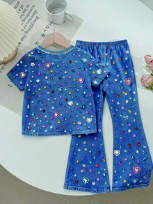 SHEIN 女童休閒簡約卡通圖案圓領短袖上衣與喇叭褲兩件套，適合夏季 - 彩色 - 查看 4