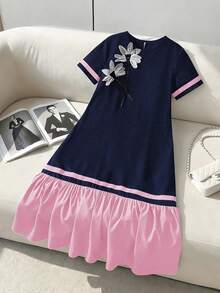 Teen Girl Floral Decor Contrast Color Ruffle Hem Short Sleeve Mini Dress, Summer, Outfits - Multicolor - View 3
