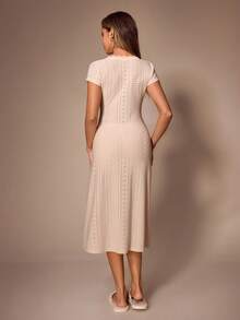 Lazeform Women's Lace Patchwork V-Neck Tie Front Fitted Knit Jacquard Texture Nightgown - Apricot - View 4