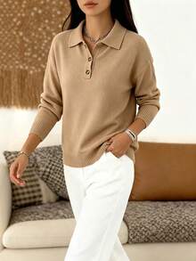 SHEIN Sweater Wanita Kasual Preppy Serbaguna Warna Polos, Nuansa Cokelat untuk Kantor Musim Gugur/Dingin - Unta - View 4