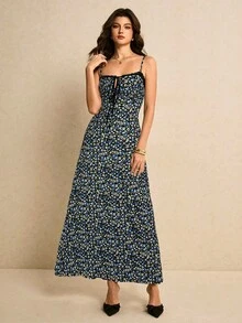 Poéselle 女款黑色底藍色碎花細肩帶中長洋裝，蕾絲飾邊前綁帶挖空設計復古夏日洋裝，適合野餐、派對與日常場合 - 藍色 - 查看 4