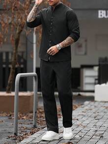Manfinity CasualCool Men's Autumn/Winter Long Sleeve Top And Pants 2 Pieces Set - Black - View 6