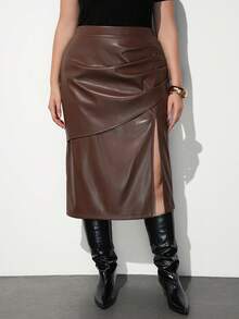 Maija Plus Size Fashion Street Style Ruched Front Slit PU Skirt Fall - Brown - View 8