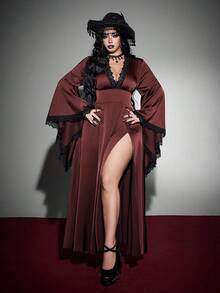 Whyspr Gaun Gothic Halloween Seksi Ukuran Plus, Cokelat Tua Berenda dengan Leher V Dalam dan Lengan Lonceng, Cocok untuk Pesta Malam Musim Gugur. - Rust Brown - View 1