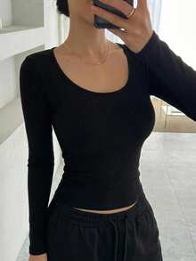 DAZY Women's Solid Color Minimalist Slim Fit Long Sleeve Base Layer T-Shirt, Versatile For Daily Wear - Black - View 6