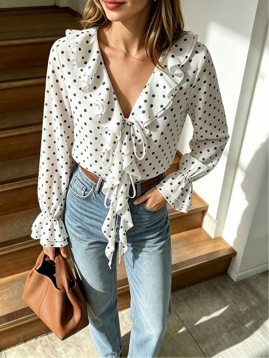 SHEIN 女款V領波點荷葉邊休閒百搭日常穿著襯衫 - 白色 - 查看 1
