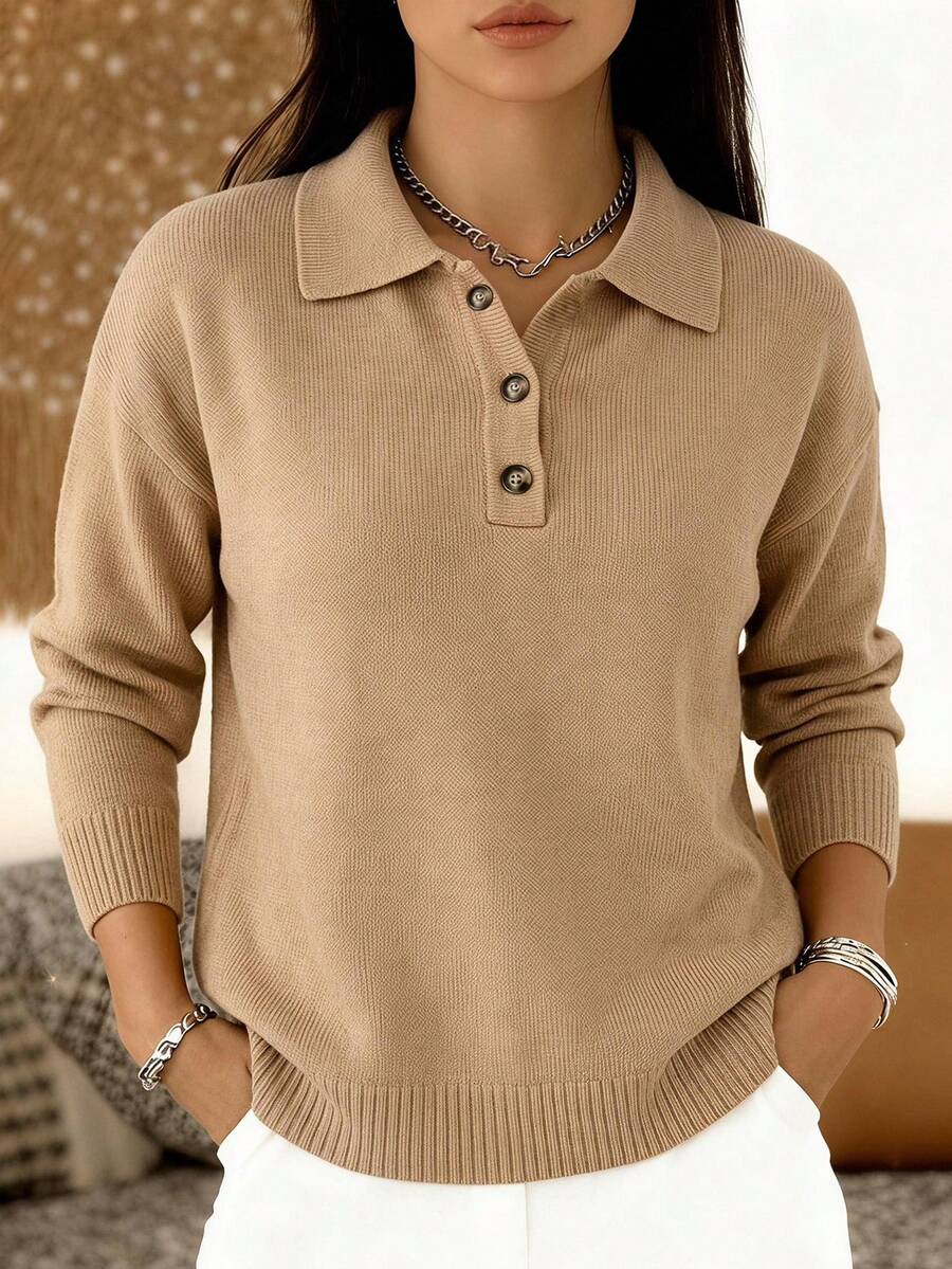SHEIN Sweater Wanita Kasual Preppy Serbaguna Warna Polos, Nuansa Cokelat untuk Kantor Musim Gugur/Dingin - Unta - View 1
