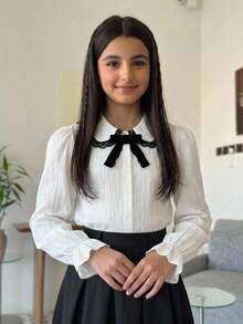 SHEIN Tween女孩蕾絲飾邊休閒百搭日常長袖襯衫 - 白色 - 查看 1