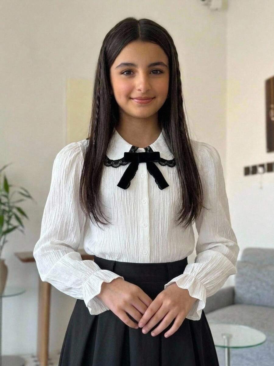 SHEIN Tween女孩蕾絲飾邊休閒百搭日常長袖襯衫 - 白色 - 查看 1