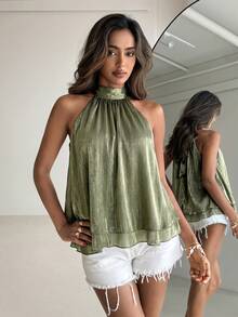 Aloruh Women's Elegant Shiny Pink Backless Top - Olive Green - View 4