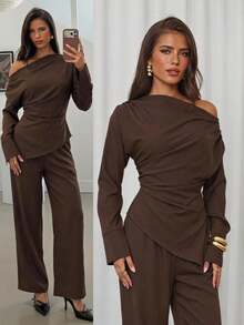 Aloruh Women's 2 Pieces Vintage Mature Fashion Commuter Suit Coffee Brown Long Sleeve Top Drape Design High-Waist Wide-Leg Pants Elegant Set Dinner Cocktail - Brown - View 5