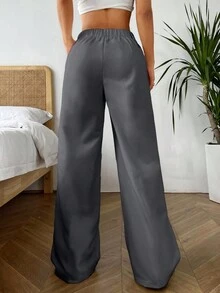SHEIN Tween女孩寬鬆休閒極簡舒適初秋新款長版直筒褲 - 灰色 - 查看 2
