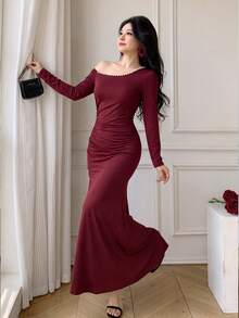 Celisse Women's Autumn/Winter Burgundy Beaded Off-Shoulder Long Dress, Long Sleeve Waist Side Ruched High Slit Dress - Burgundy - View 4