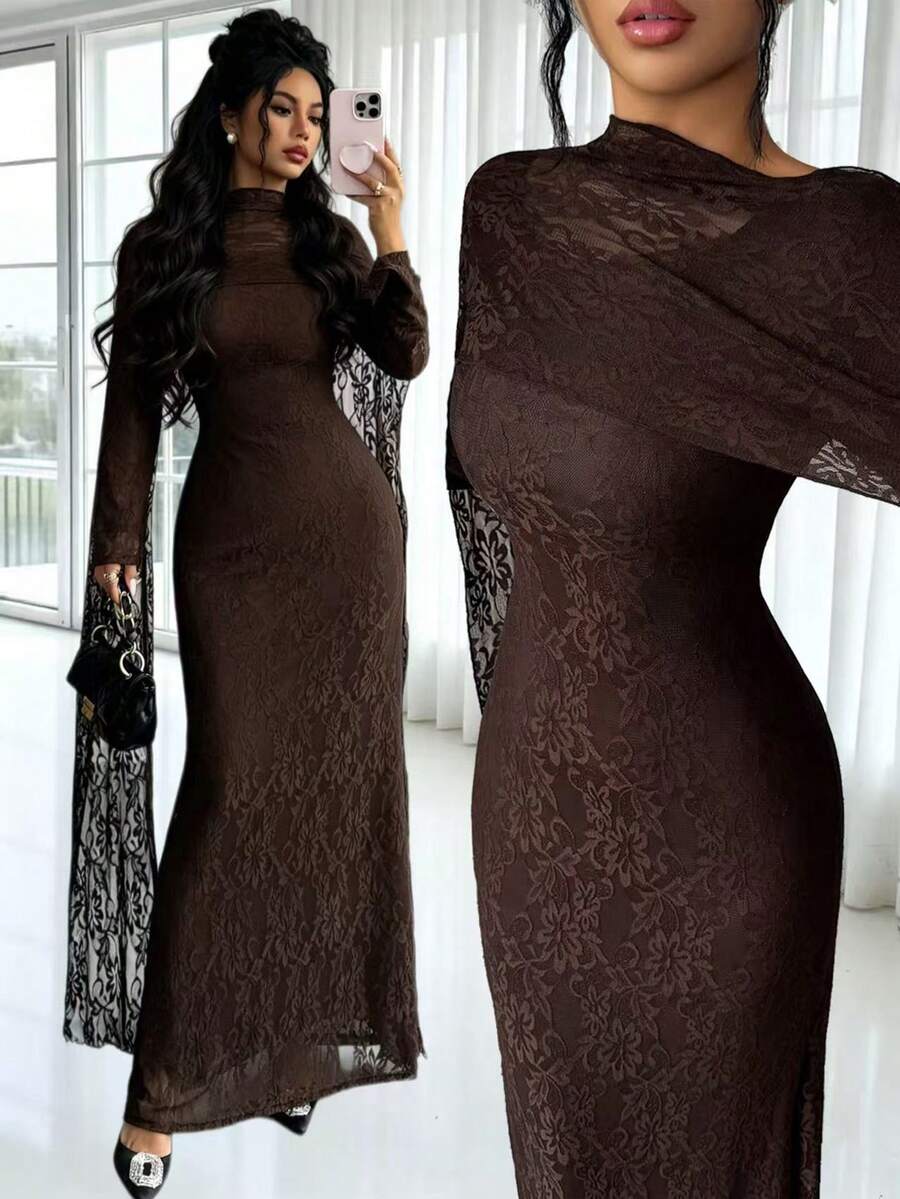 Elenzga Early Autumn Lace Brown Long Sleeve Shawl Scarf Silk Scarf ...