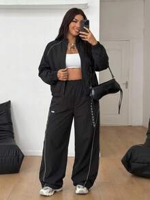 SHEIN PETITE CURVE Plus Size Women's Contrast Color Zipper Long Sleeve Top And Pants Casual Everyday 2 Pieces Set - Black - View 3