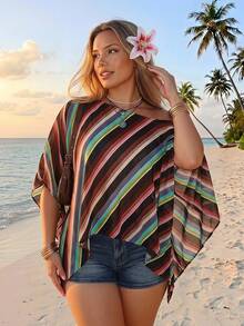 SHEIN ICON 大尺碼女款春夏復古性感海灘度假簡約休閒露肩不規則下擺彩色條紋印花披肩上衣 - 黑色 - 查看 8